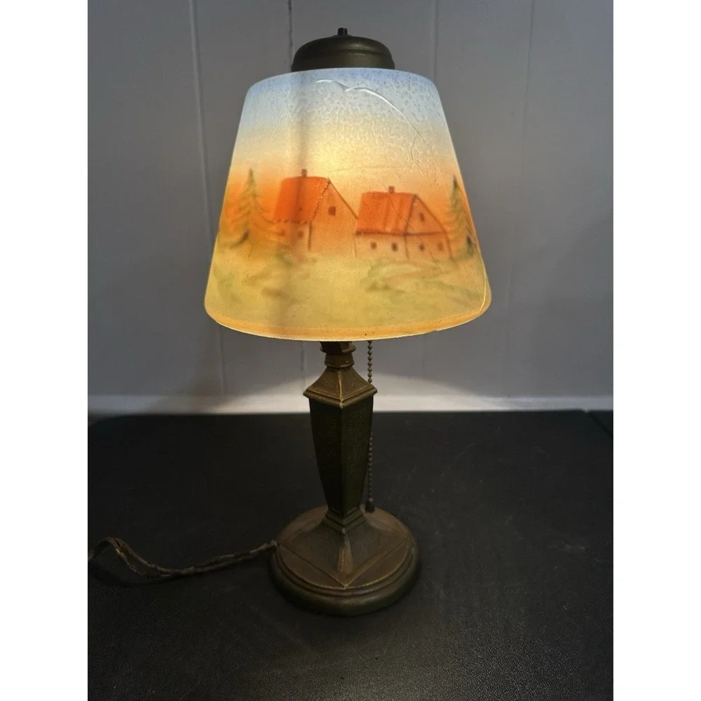 Antique Reverse Painted Table Lamp Brass Scenic Shade‎ Pull Chain 14